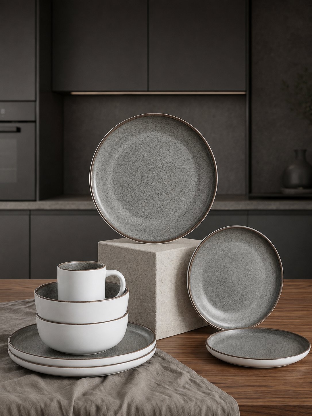 MÜGE Oula Grey White set - 16 pieces for 4 people